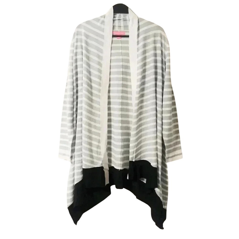 Woman Within Gray White Stripe Asymmetrical Hem‎ Waterfall Cardigan Sweater 1X